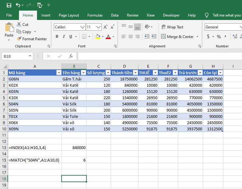 hàm MATCH trong Excel
